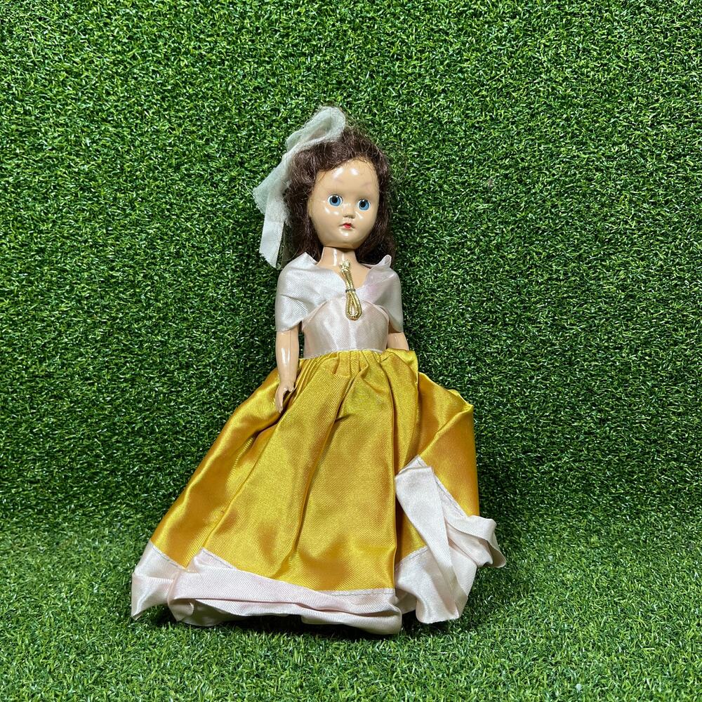 Vintage 1950s Hard Plastic Fashion Doll Sleep Eyes Brunette Satin Gown 10"